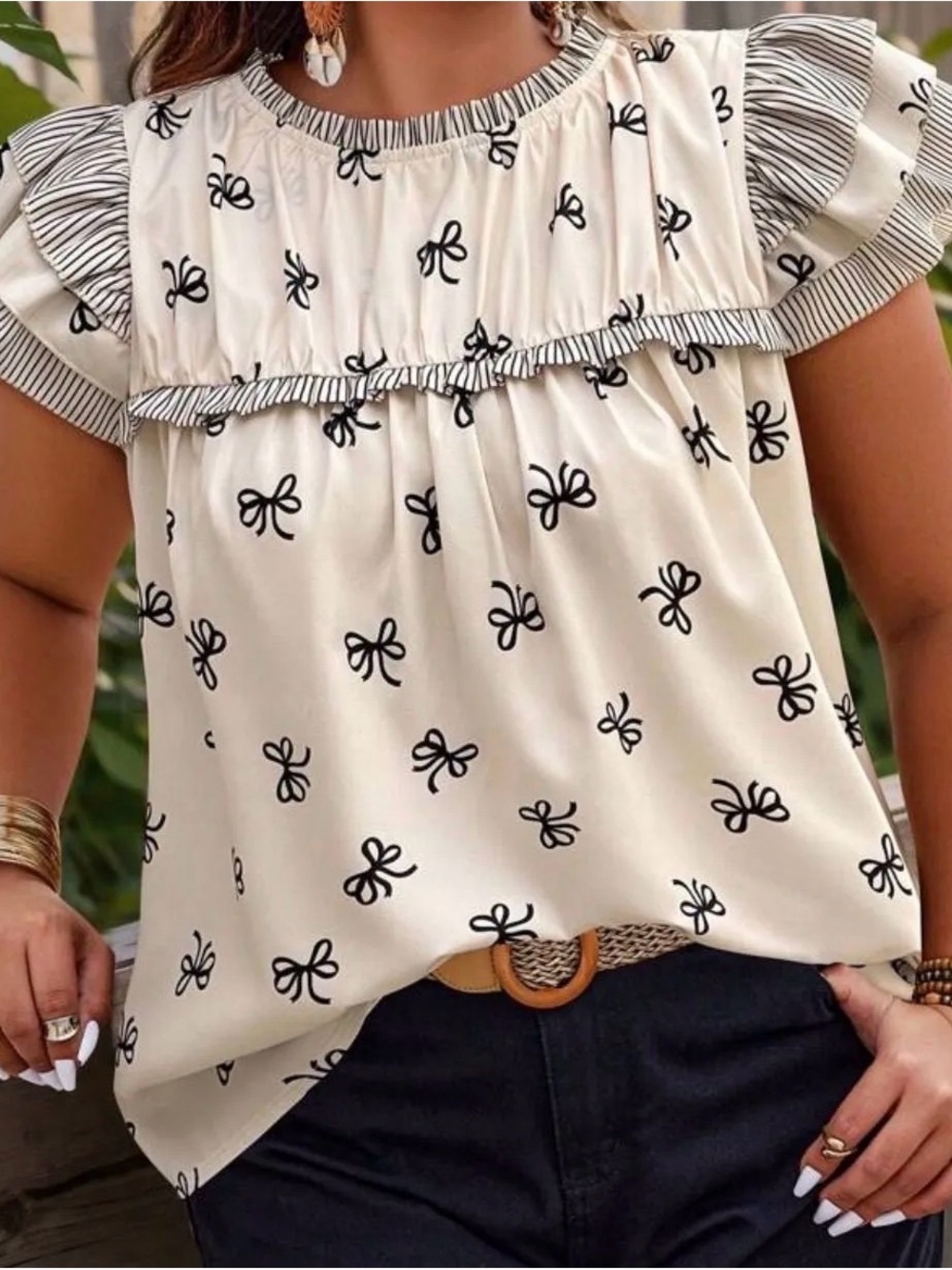 SHEIN Cream Bow-Print Ruffle Yoke Top